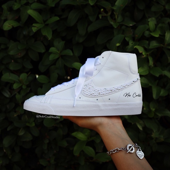 Wedding Sneakers for Bride Personalized Nike Blaze Mid with Rhinestones & Pearls - Picture 6 of 9